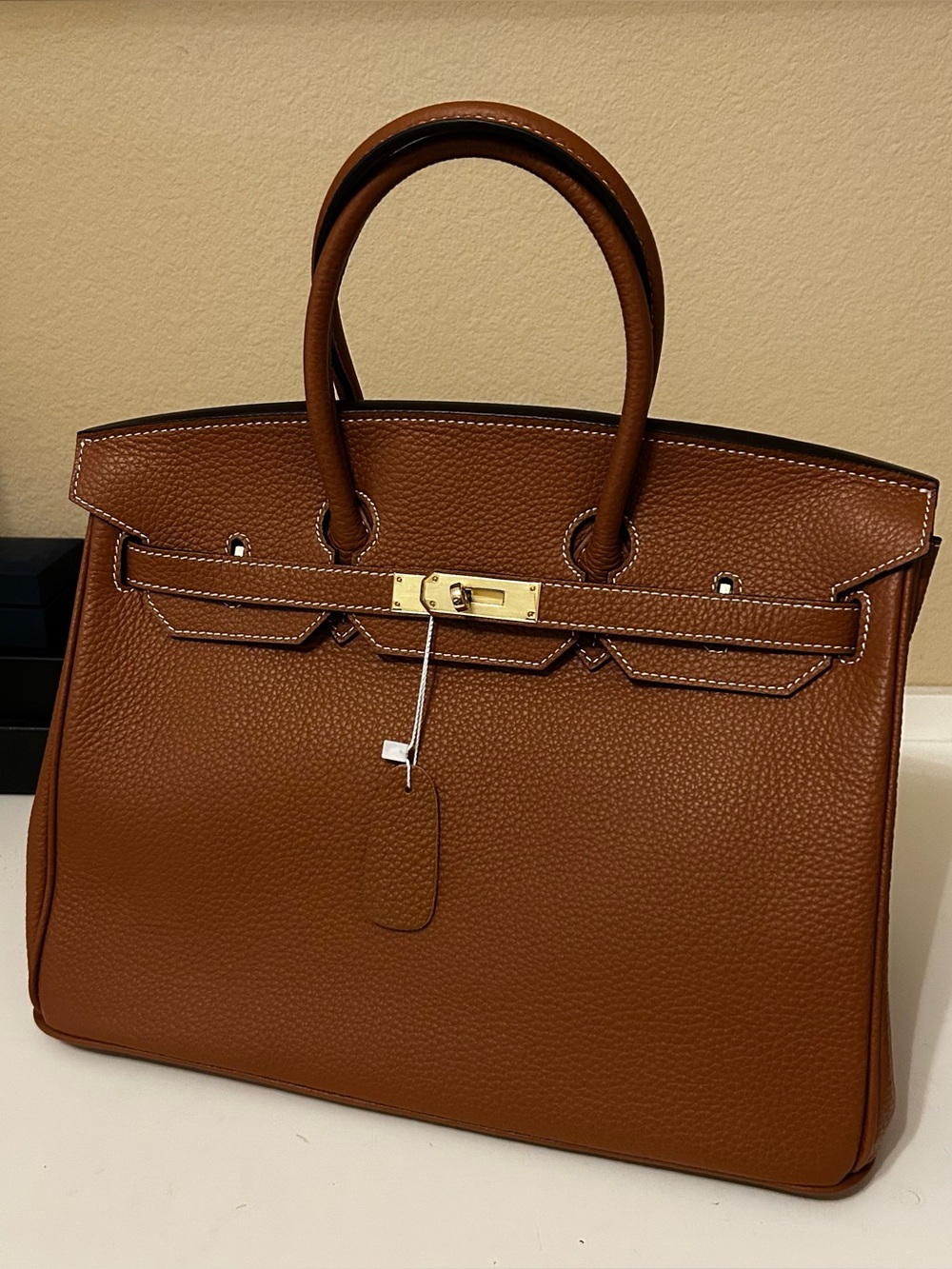 35cm Gold on Brown Top Handle Leather Satchel BK Style